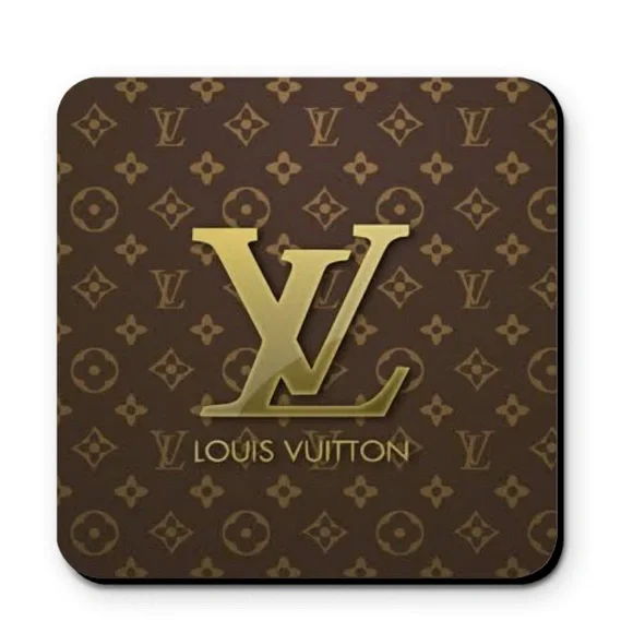 Louis Vuitton LV Logo Brown Gold Fashion Coaster Set - Set of 4 Glossy Coasters - Picture 1 of 2